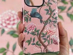 3 luxury chinoiserie phone cases with vintage-style botanical designs featuring birds flowers and trees