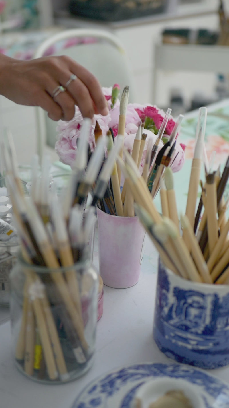 painting Chinese style floral and botanical artworks with Chinese paintbrushes on silk painting paper with watercolour gouache paints