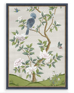 framed ivory and green botanical chinoiserie wall art print with flowers and birds in Chinese painting style