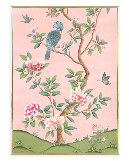framed pink and green botanical chinoiserie wall art print with flowers and birds in Chinese painting style
