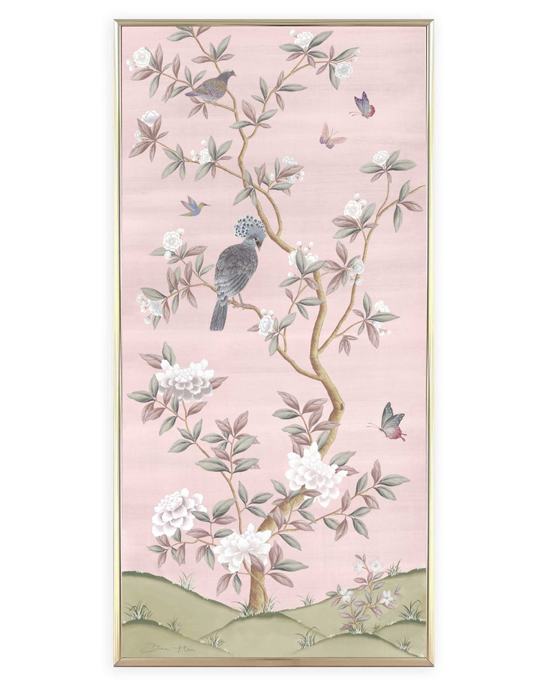 framed pink chinoiserie wall art panel print featuring birds, butterflies, and flowers