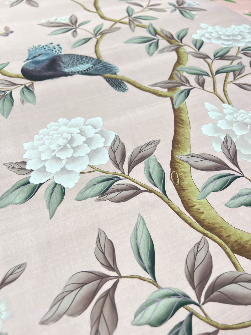 close up of pink vintage style botanical chinoiserie art print