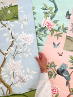 colourful vintage style botanical chinoiserie art prints featuring birds, butterflies, flowers, and trees