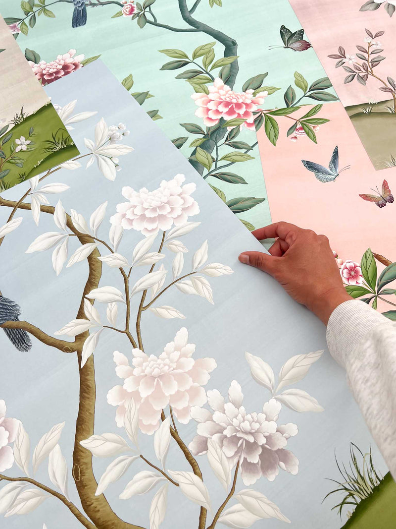 close up of colourful vintage style chinoiserie art prints