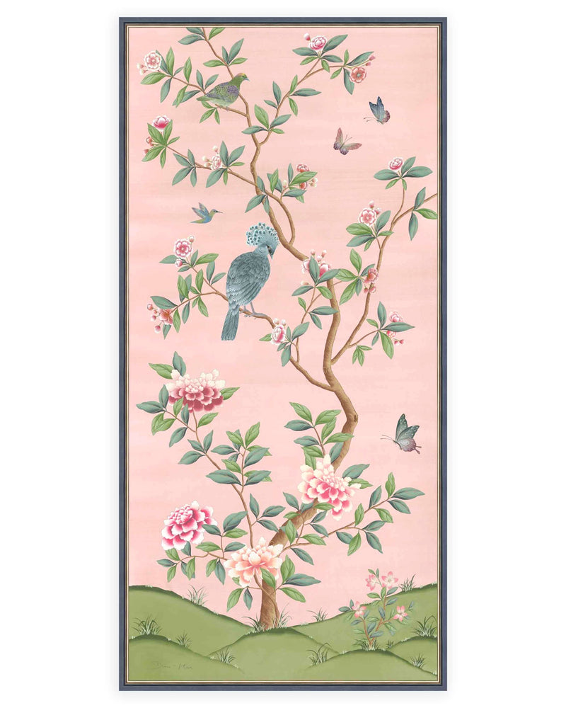 framed pink and green botanical chinoiserie wall panel print with flowers and birds in Chinese painting style