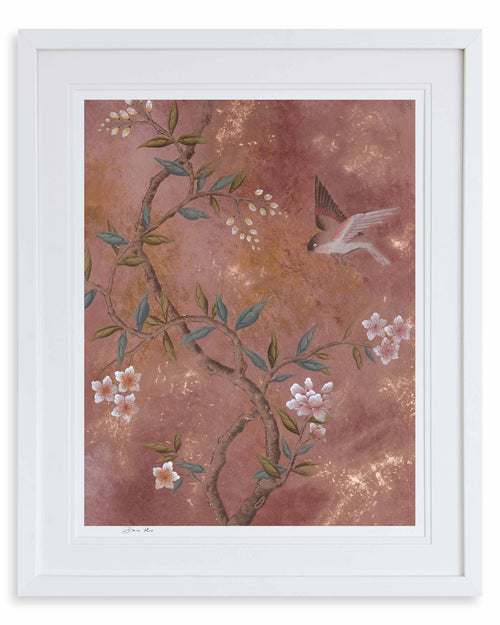 framed chinoiserie wall art print featuring vintage inspired bird branches and flowers on a distressed mottled background