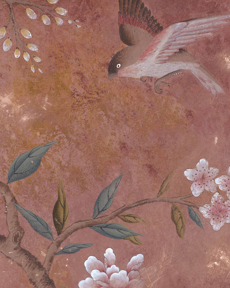 close up of chinoiserie wall art print featuring vintage inspired bird branches and flowers on a distressed mottled background
