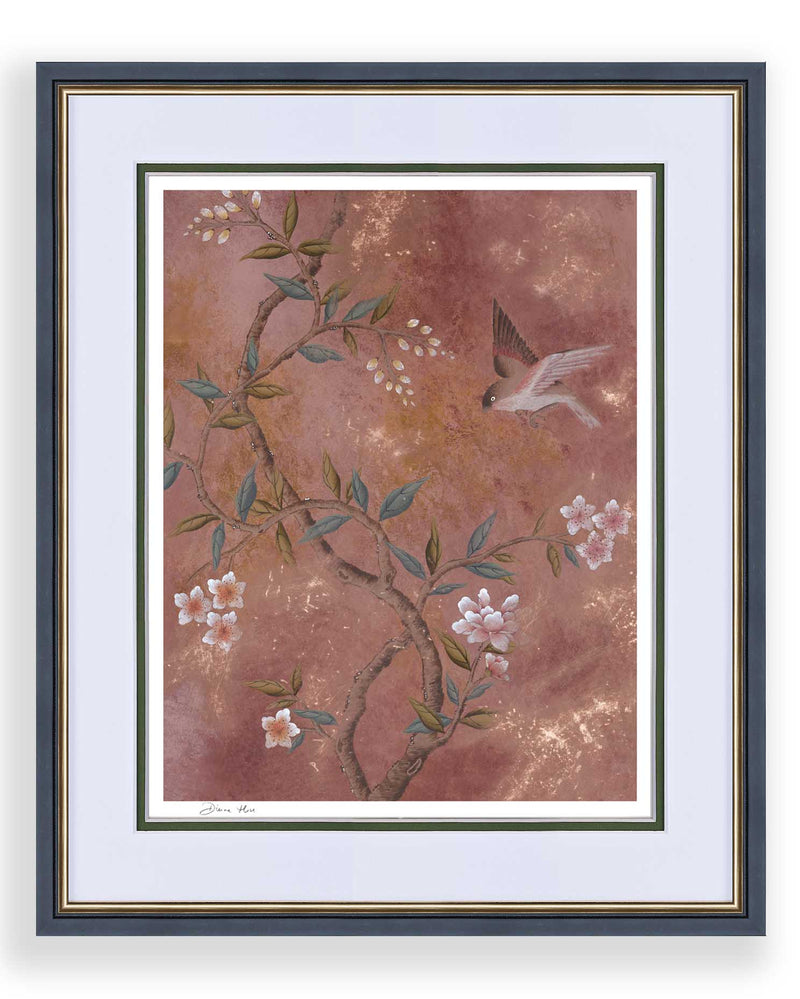 framed chinoiserie wall art print featuring vintage inspired bird branches and flowers on a distressed mottled background