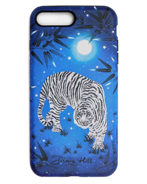 blue luxury vintage-style chinoiserie phone case featuring a white tiger on a blue starry background