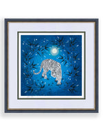 framed blue vintage-style chinoiserie wall art print featuring a white tiger on a blue starry background