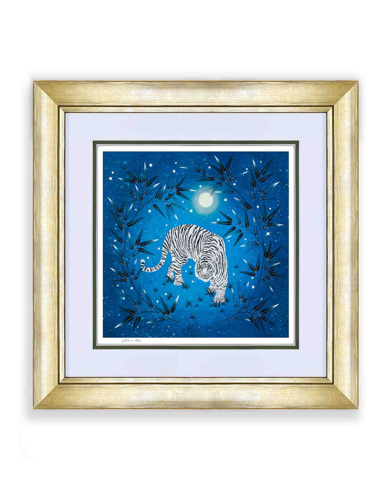 framed blue vintage-style chinoiserie wall art print featuring a white tiger on a blue starry background