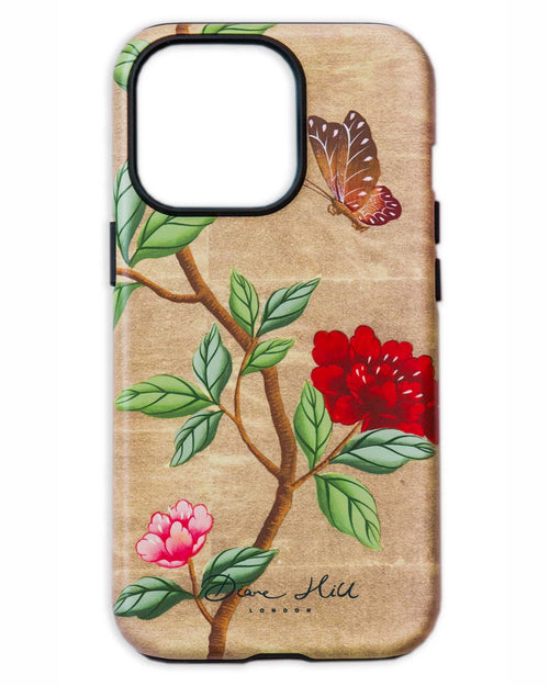 luxury chinoiserie phone case featuring vintage inspired butterfly branches and flowers on a gold background