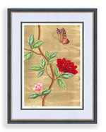 framed chinoiserie wall art print featuring vintage-style butterfly and flower branch on gold leaf background