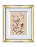blush pink framed chinoiserie wall art print featuring vintage style birds, butterfly and flower branches with a bamboo background