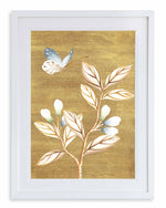 framed chinoiserie wall art print featuring vintage Chinese-style butterfly and flower branch on gold background