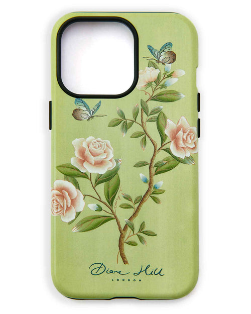 luxury chinoiserie phone case featuring vintage inspired butterflies, branches and roses on a green background