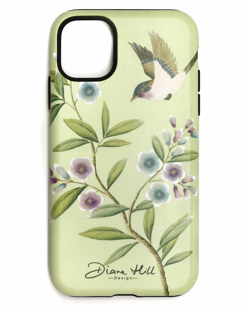 luxury chinoiserie phone case featuring vintage inspired bird branches and flowers on a green background