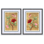 pair of framed chinoiserie wall art prints featuring vintage-style butterfly and flower branch on gold leaf background