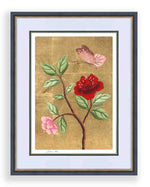 framed chinoiserie wall art print featuring vintage-style butterfly and flower branch on gold leaf background