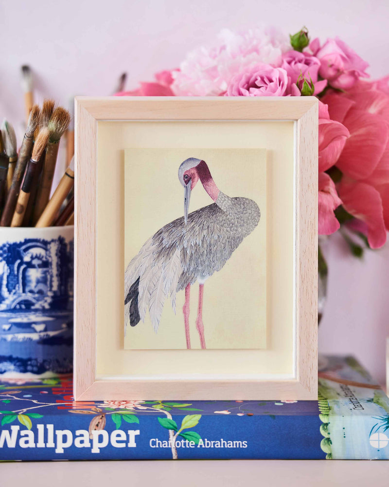 framed botanical mini art print of pink and grey exotic bird