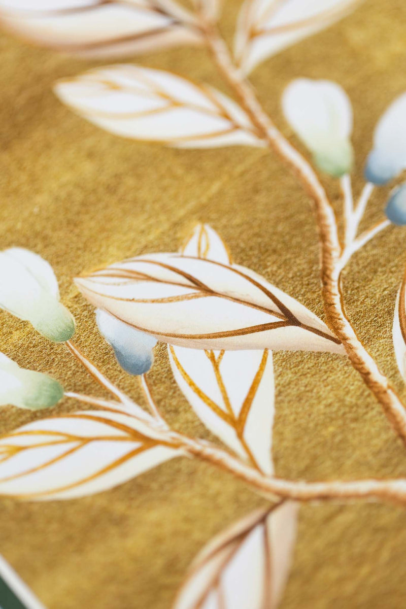 close up of chinoiserie wall art print featuring vintage Chinese-style butterfly and flower branch on gold background