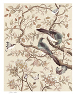 neutral cream modern chinoiserie wall art print featuring two birds, flowers, branches, and fruit
