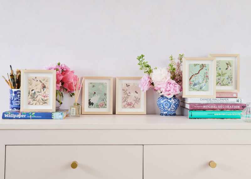 5 colourful framed chinoiserie mini art prints featuring birds, flowers, and trees