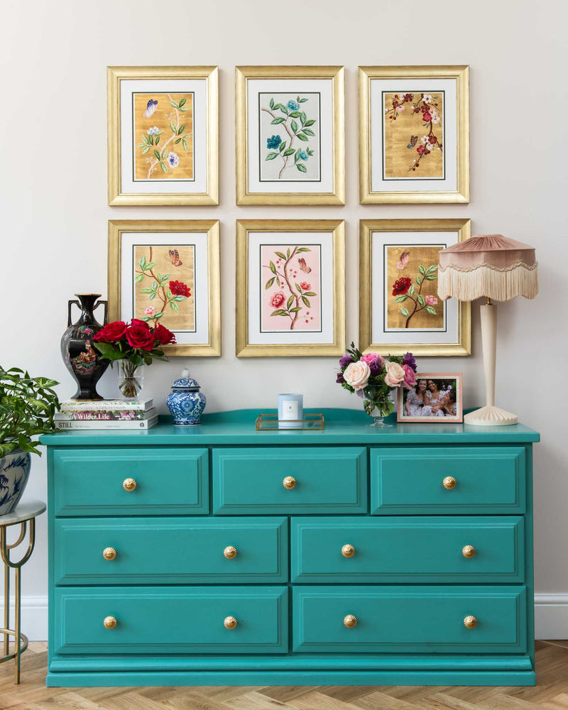 set of 6 colourful framed chinoiserie wall art print featuring vintage-style butterflies, blossoms, and flower branches displayed as gallery wall