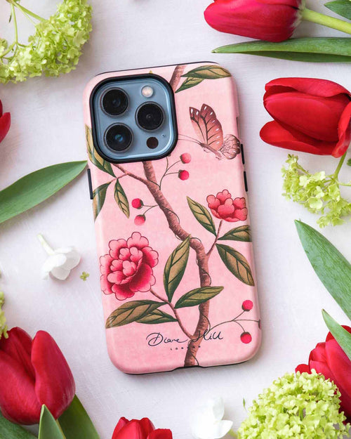 pink luxury phone case featuring vintage style butterfly and flower branch