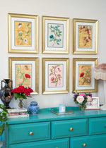 set of 6 colourful framed chinoiserie wall art prints featuring vintage-style butterflies, blossoms, and flower branches displayed as gallery wall