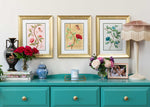 set of 3 colourful framed chinoiserie wall art prints featuring vintage-style butterflies, blossoms, and flower branches displayed as gallery wall