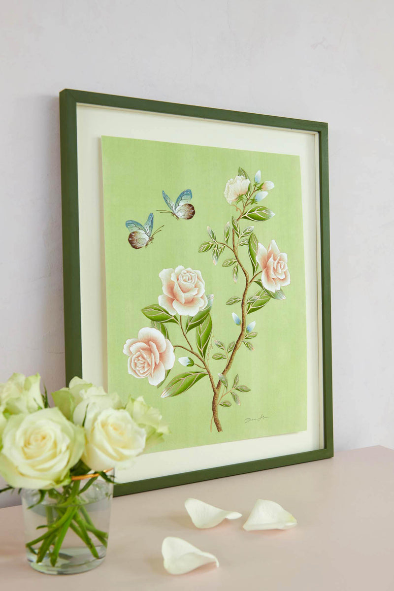 framed green botanical chinoiserie wall art print featuring vintage style flowers and butterflies