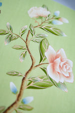close up of green botanical chinoiserie wall art print featuring vintage style flowers and butterflies