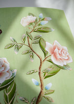 close up of green botanical chinoiserie wall art print featuring vintage style flowers and butterflies