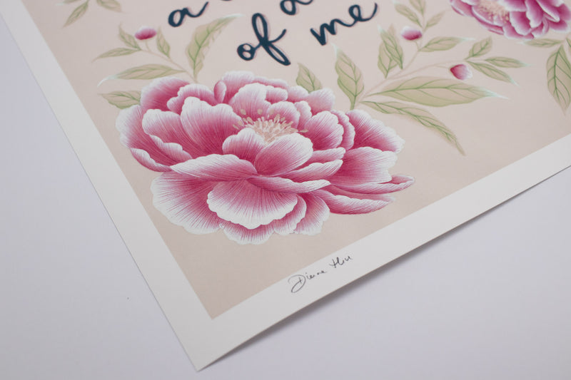close up of pink vintage-style chinoiserie wall art print featuring flowers and leaves with the quote 'dream a little dream of me'