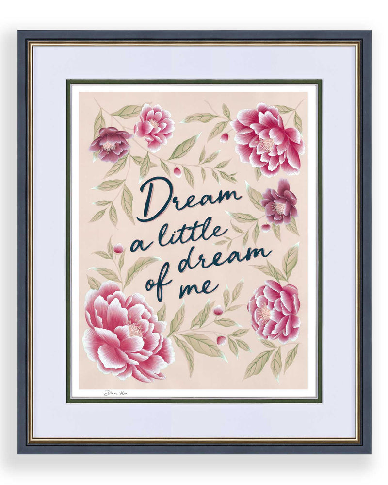 framed pink vintage-style chinoiserie wall art print featuring flowers and leaves with the quote 'dream a little dream of me'