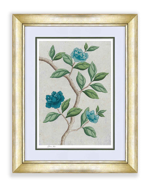 framed chinoiserie wall art print featuring blue vintage-style butterfly and flower branch on silver  background