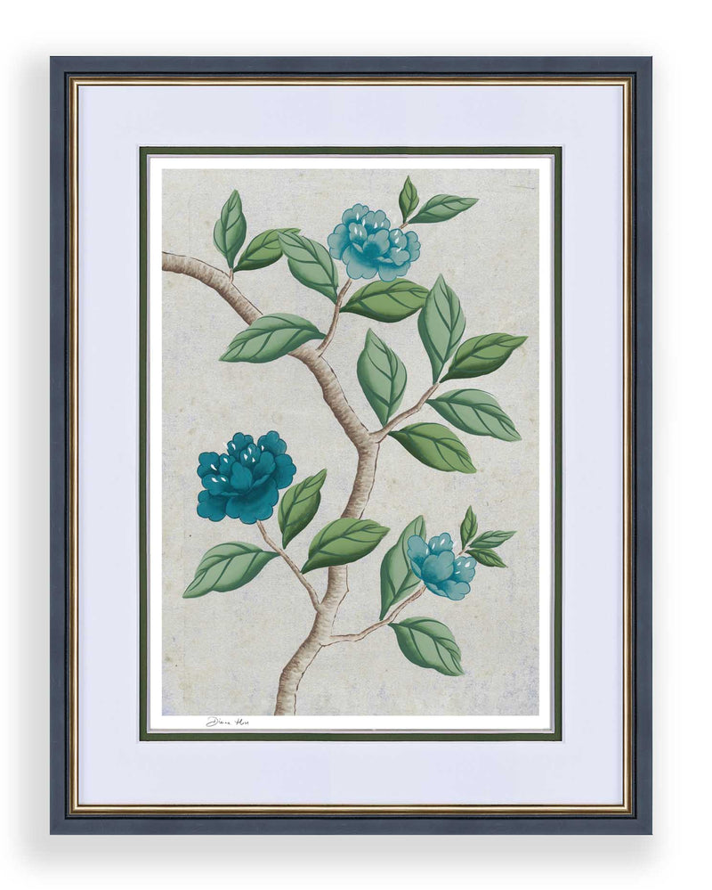 framed chinoiserie wall art print featuring blue vintage-style butterfly and flower branch on silver background