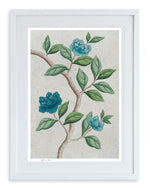 framed chinoiserie wall art print featuring blue vintage-style butterfly and flower branch on silver background