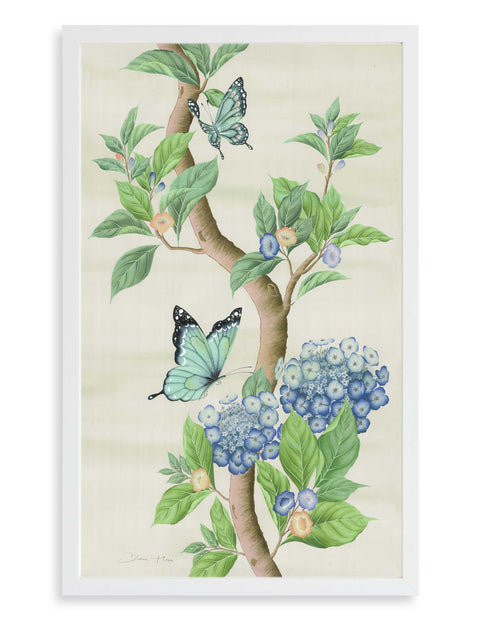 framed Chinoiserie style art print featuring butterflies and blue flowers on an ivory cream background