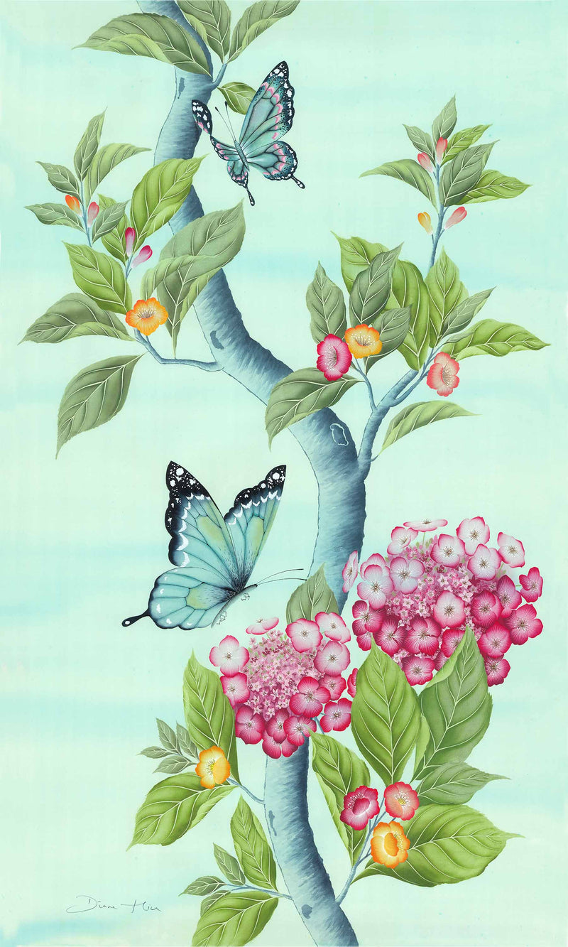 Chinoiserie style art print featuring butterflies and pink flowers on an aqua blue background