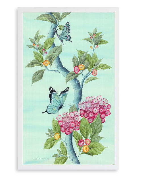 framed Chinoiserie style art print featuring butterflies and pink flowers on an aqua blue background 