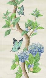 Chinoiserie style art print featuring butterflies and blue flowers on an ivory cream background