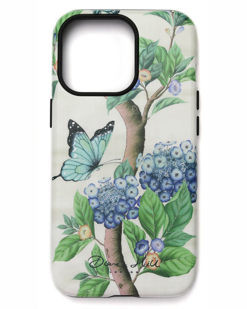 white luxury chinoiserie phone case featuring blue vintage inspired butterfly and flowers 