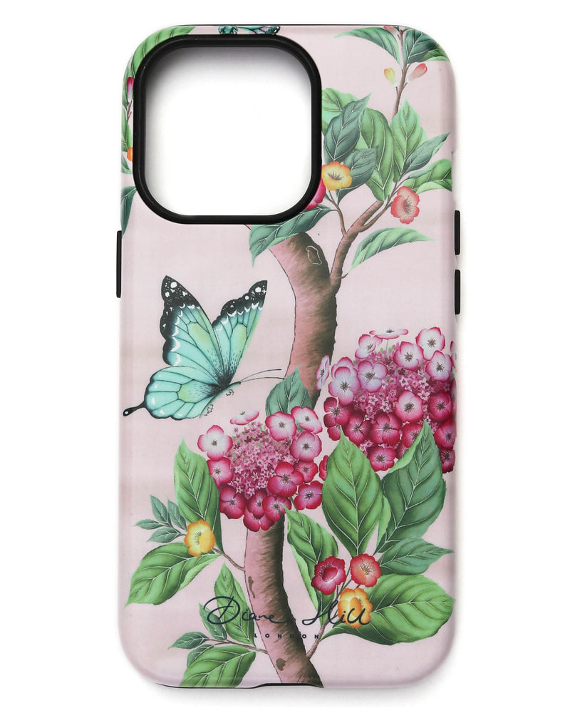 pink luxury chinoiserie phone case featuring colourful vintage inspired butterfly and flowers