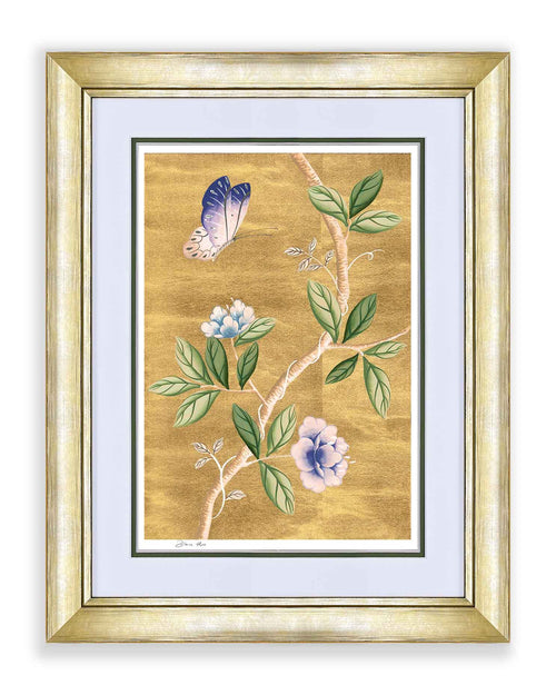 framed chinoiserie wall art print featuring purple vintage-style butterfly and flower branch on gold leaf background