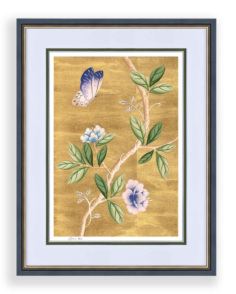 framed chinoiserie wall art print featuring purple vintage-style butterfly and flower branch on gold leaf background