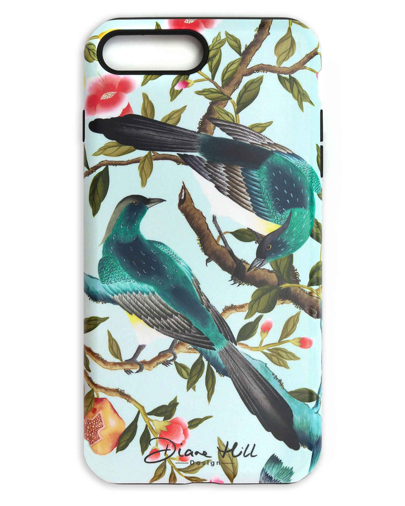 blue luxury chinoiserie phone case featuring two colourful vintage inspired birds on fruit and flower branches