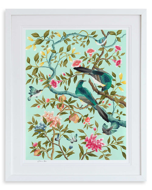 framed blue modern chinoiserie wall art print featuring two birds, flowers, branches, and fruit on blue background