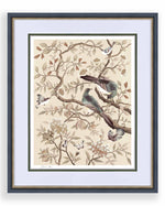 framed neutral cream modern chinoiserie wall art print featuring two birds, flowers, branches, and fruit 